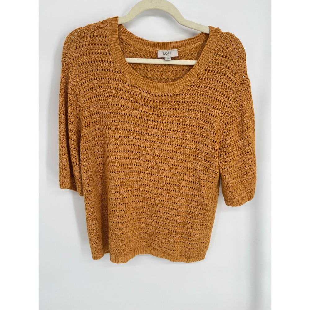 LOFT Outlet Mustard Yellow Open Knit Crochet Scoop‎ Neck Sweater Womens Small S